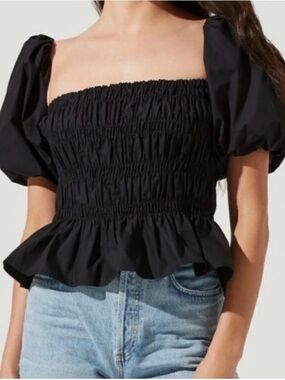 Astr Black Smocked Peplum Puff Sleeve Top